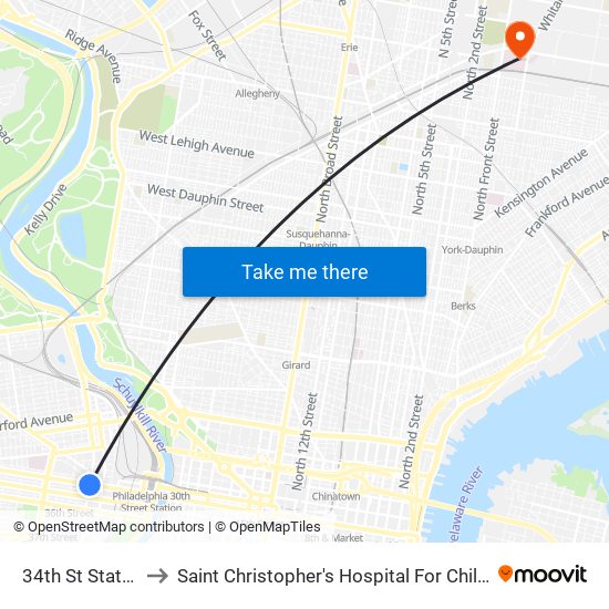 34th St Station to Saint Christopher's Hospital For Children map