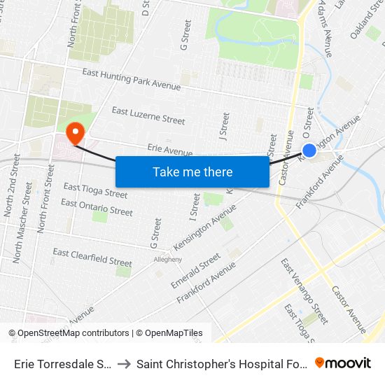 Erie Torresdale Station to Saint Christopher's Hospital For Children map