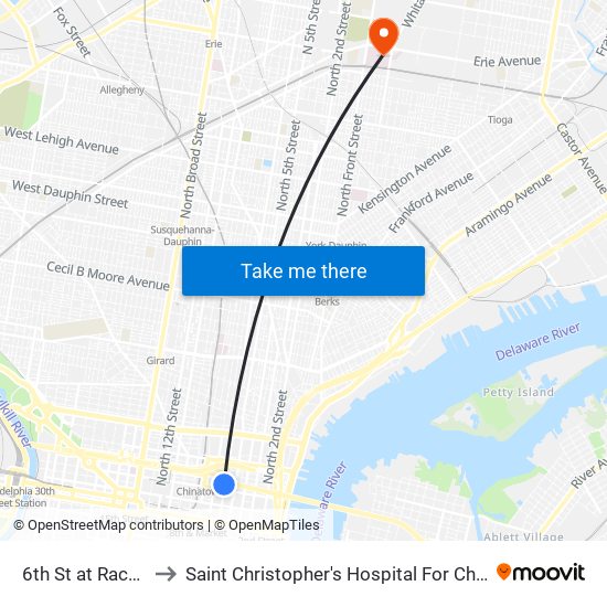 6th St at Race St to Saint Christopher's Hospital For Children map