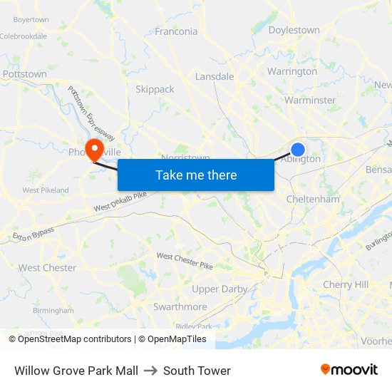 Willow Grove Park Mall to South Tower map