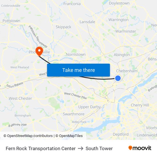 Fern Rock Transportation Center to South Tower map