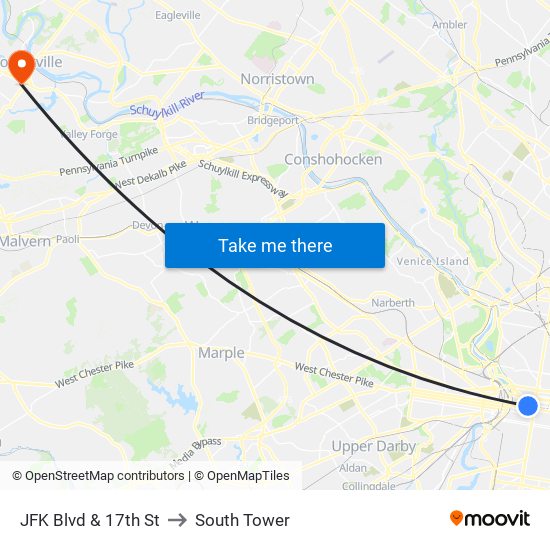 JFK Blvd & 17th St to South Tower map