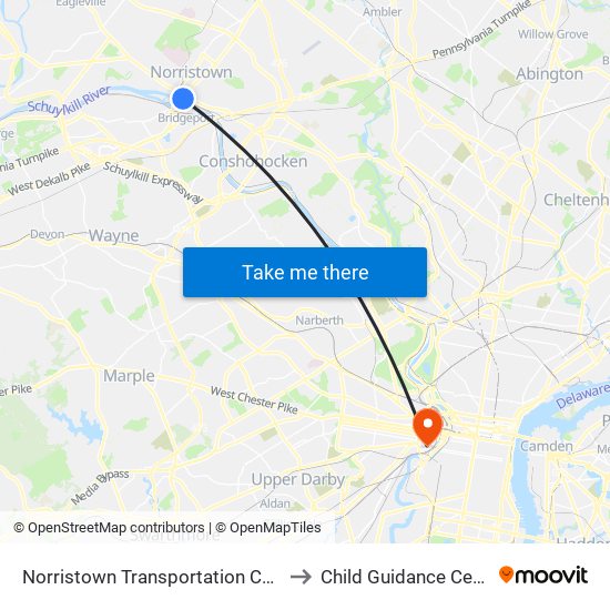 Norristown Transportation Center to Child Guidance Center map