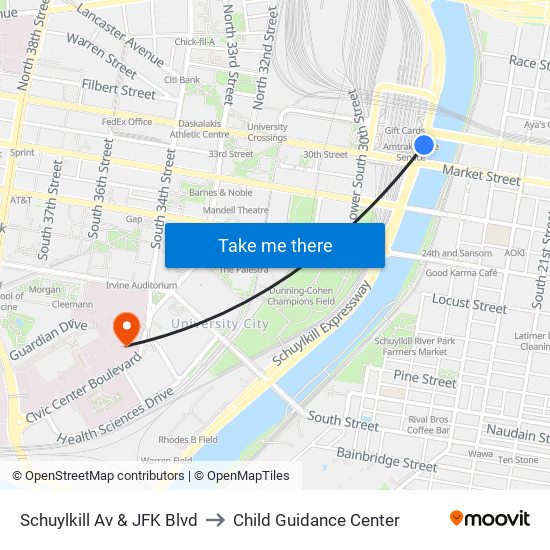 Schuylkill Av & JFK Blvd to Child Guidance Center map