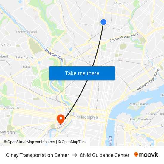 Olney Transportation Center to Child Guidance Center map