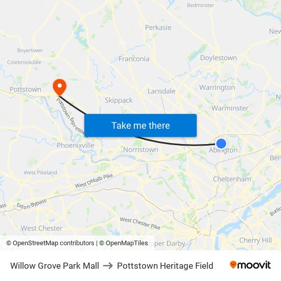 Willow Grove Park Mall to Pottstown Heritage Field map