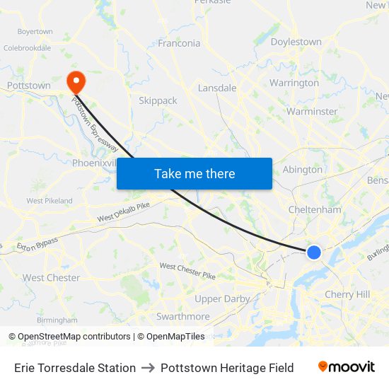 Erie Torresdale Station to Pottstown Heritage Field map