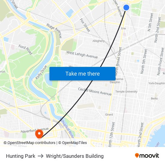 Hunting Park to Wright/Saunders Building map