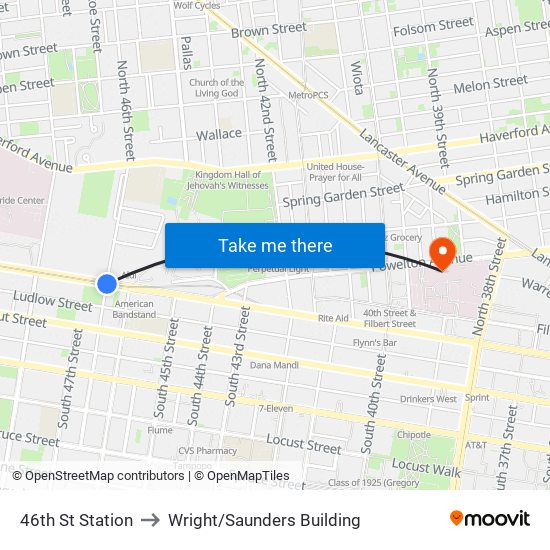 46th St Station to Wright/Saunders Building map