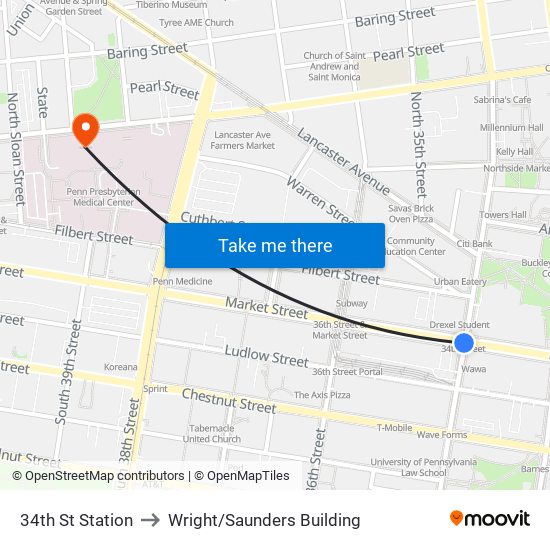 34th St Station to Wright/Saunders Building map