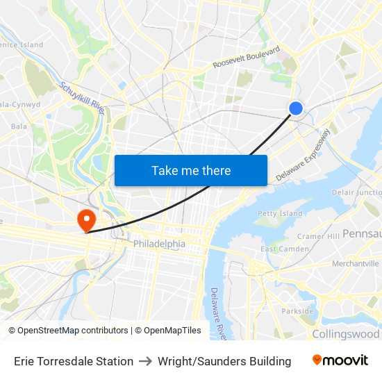 Erie Torresdale Station to Wright/Saunders Building map