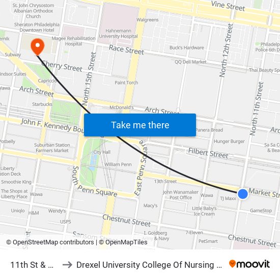 11th St & Market St to Drexel University College Of Nursing And Health Professions map