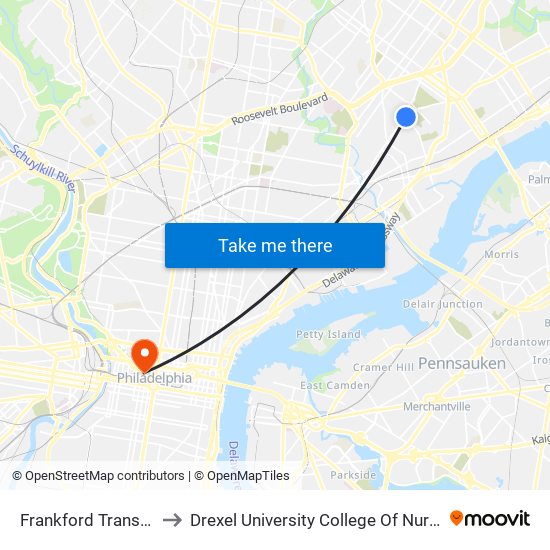 Frankford Transportation Center to Drexel University College Of Nursing And Health Professions map