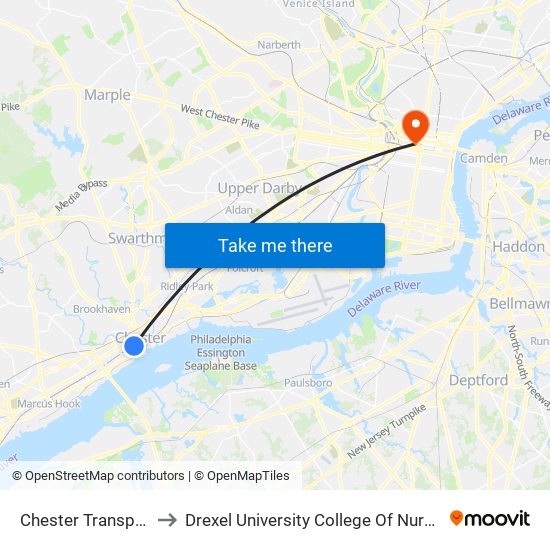 Chester Transportation Center to Drexel University College Of Nursing And Health Professions map