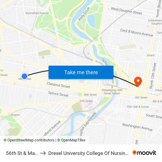 56th St & Market St - Fs to Drexel University College Of Nursing And Health Professions map