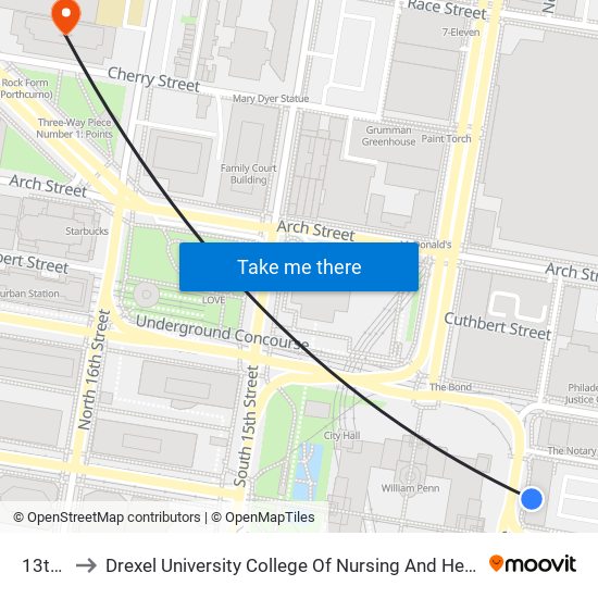 13th St to Drexel University College Of Nursing And Health Professions map