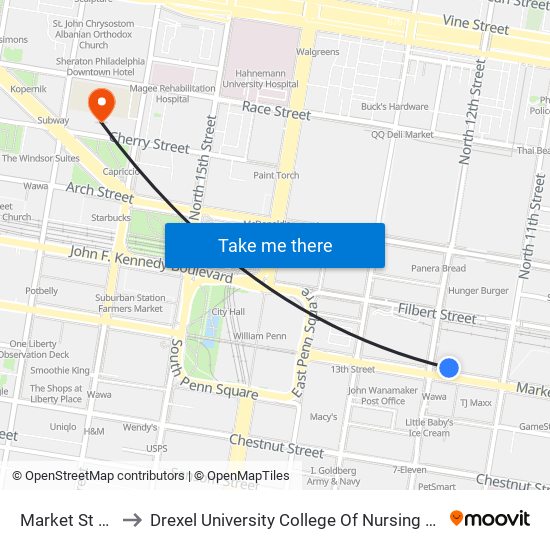 Market St & 12th St to Drexel University College Of Nursing And Health Professions map