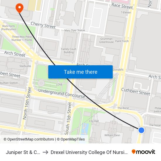 Juniper St & Commerce St to Drexel University College Of Nursing And Health Professions map