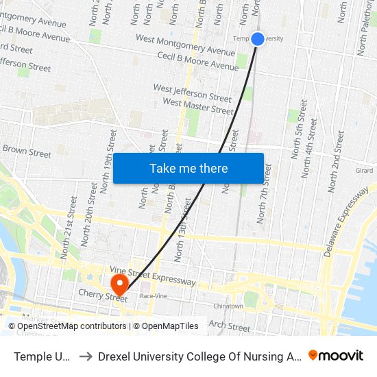 Temple University to Drexel University College Of Nursing And Health Professions map