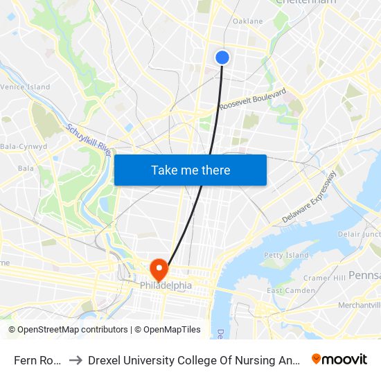 Fern Rock T C to Drexel University College Of Nursing And Health Professions map