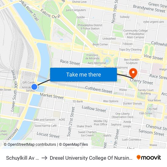 Schuylkill Av & JFK Blvd to Drexel University College Of Nursing And Health Professions map