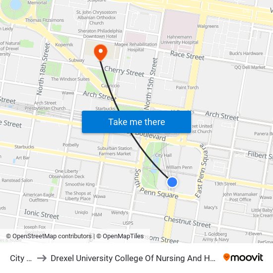 City Hall to Drexel University College Of Nursing And Health Professions map