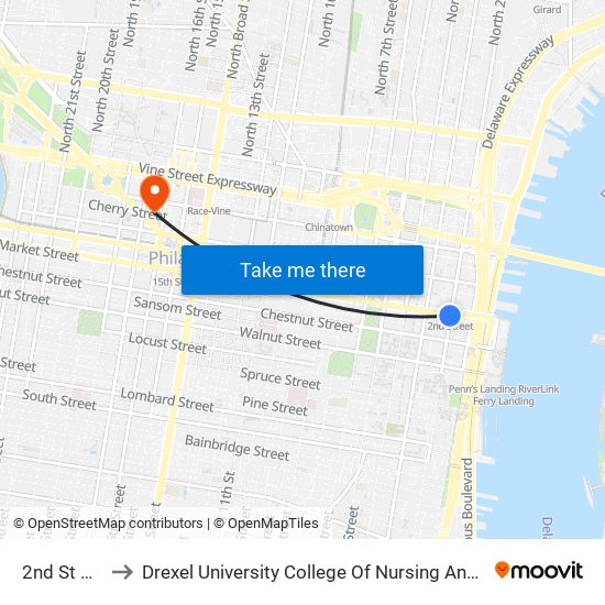 2nd St Station to Drexel University College Of Nursing And Health Professions map