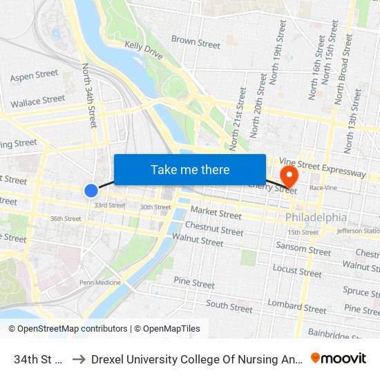 34th St Station to Drexel University College Of Nursing And Health Professions map