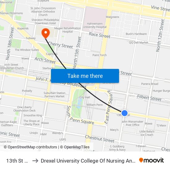 13th St Station to Drexel University College Of Nursing And Health Professions map