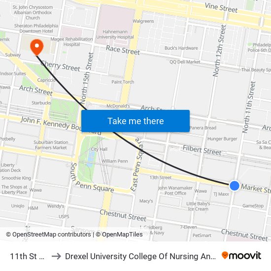 11th St Station to Drexel University College Of Nursing And Health Professions map