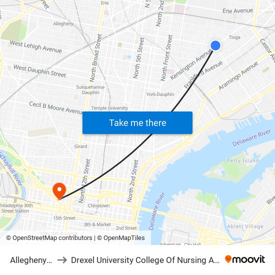Allegheny Station to Drexel University College Of Nursing And Health Professions map