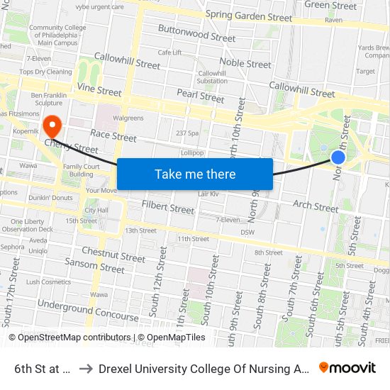 6th St at Race St to Drexel University College Of Nursing And Health Professions map