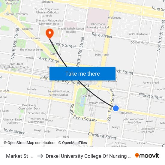 Market St at 13th St to Drexel University College Of Nursing And Health Professions map