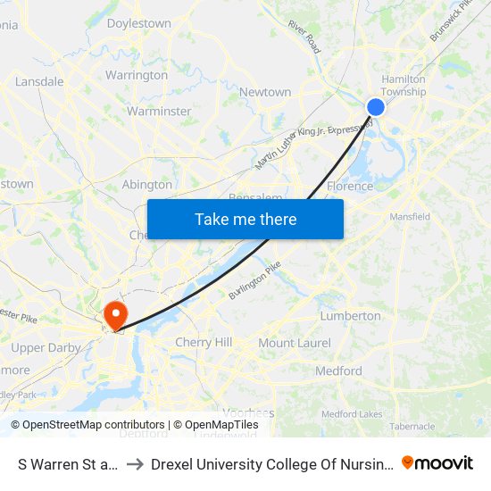 S Warren St at W State St to Drexel University College Of Nursing And Health Professions map