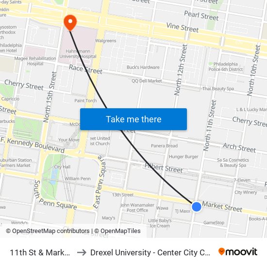 11th St & Market St to Drexel University - Center City Campus map