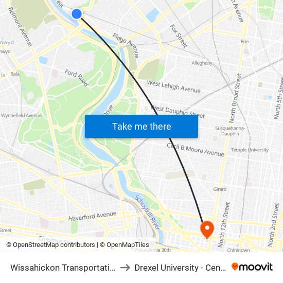 Wissahickon Transit Center to Drexel University - Center City Campus map