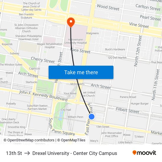 13th St to Drexel University - Center City Campus map