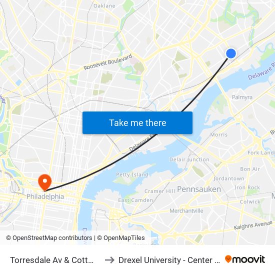 Torresdale Av & Cottman Av Loop to Drexel University - Center City Campus map