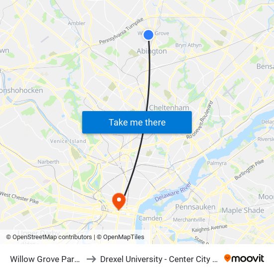 Willow Grove Park Mall to Drexel University - Center City Campus map