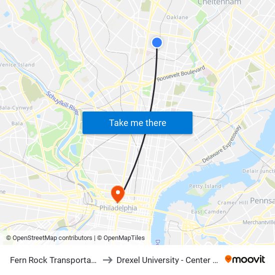 Fern Rock Transit Center to Drexel University - Center City Campus map