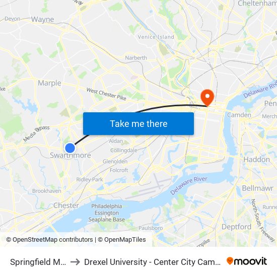 Springfield Mall to Drexel University - Center City Campus map