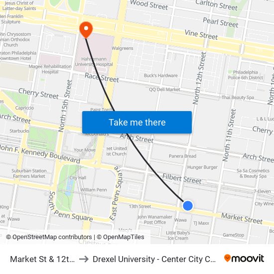 Market St & 12th St to Drexel University - Center City Campus map