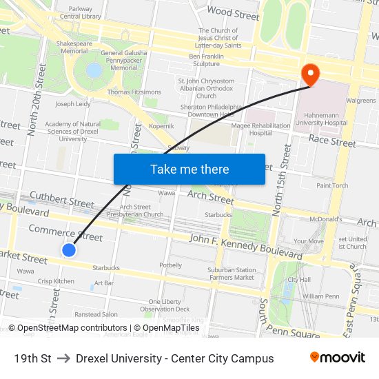 19th St to Drexel University - Center City Campus map