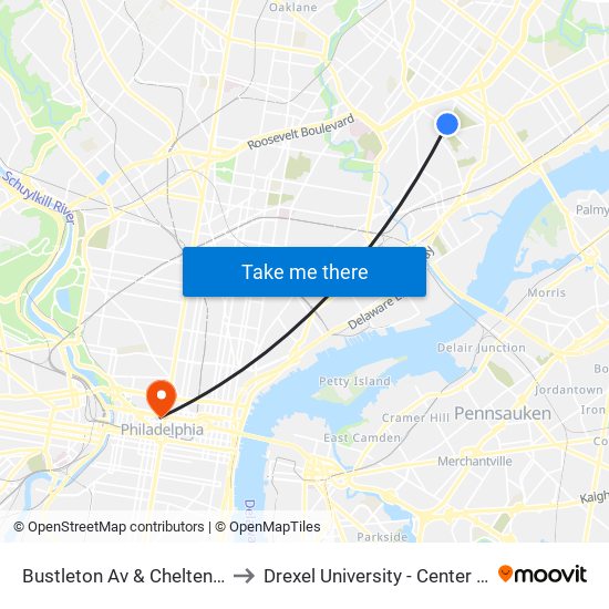 Bustleton Av & Cheltenham Av - Fs to Drexel University - Center City Campus map