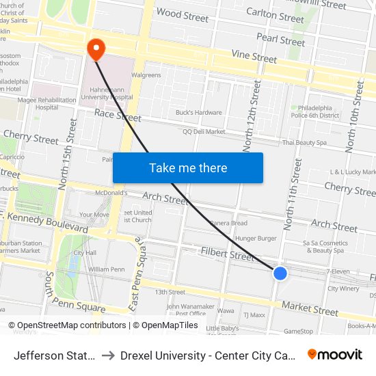 Jefferson Station to Drexel University - Center City Campus map