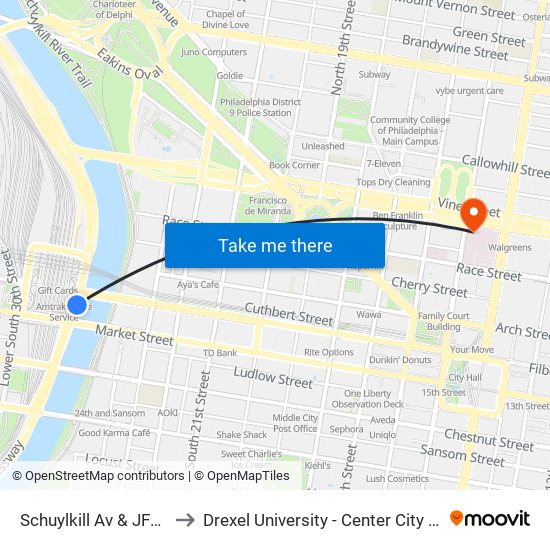 Schuylkill Av & JFK Blvd to Drexel University - Center City Campus map