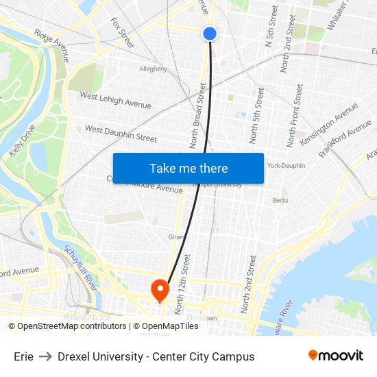 Erie to Drexel University - Center City Campus map