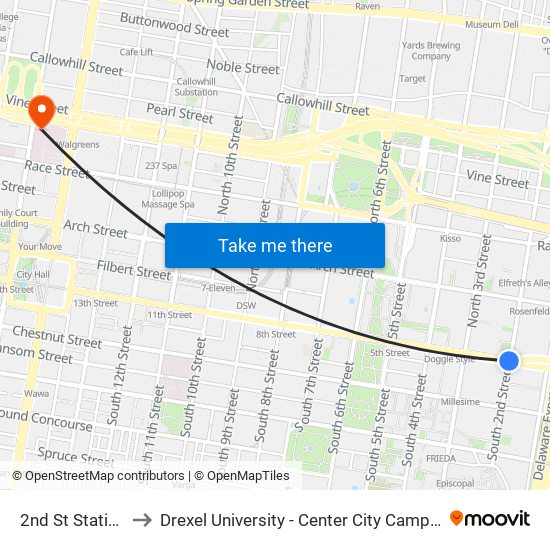 2nd St Station to Drexel University - Center City Campus map