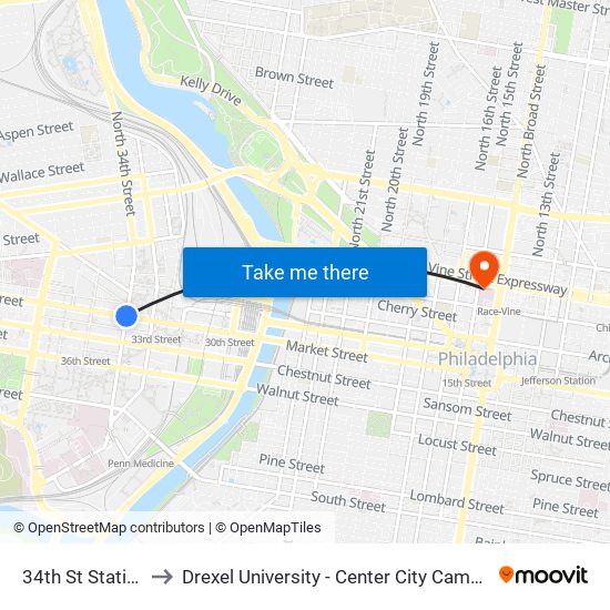 34th St Station to Drexel University - Center City Campus map