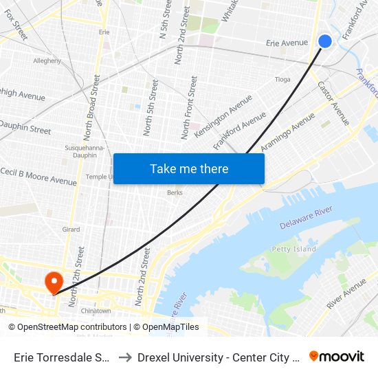 Erie Torresdale Station to Drexel University - Center City Campus map